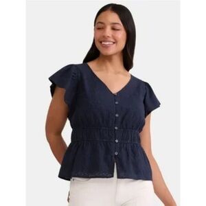Navy Blue Button-Down Peasant Cropped Blouse